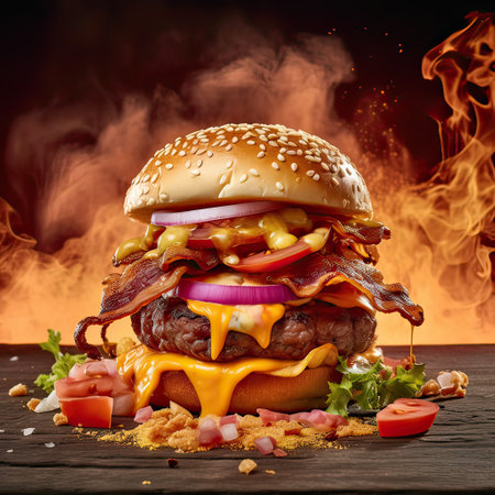 Delicious hamburger served on wooden planks.This cheeseburger shot in a fast food advertising style. Generative AI illustration.の素材