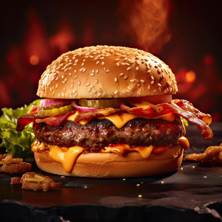 Delicious hamburger served on wooden planks.This cheeseburger shot in a fast food advertising style. Generative AI illustration.の素材