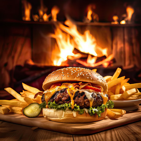 Delicious hamburger served on wooden planks.This cheeseburger shot in a fast food advertising style. Generative AI illustration.の素材