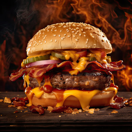Delicious hamburger served on wooden planks.This cheeseburger shot in a fast food advertising style. Generative AI illustration.の素材