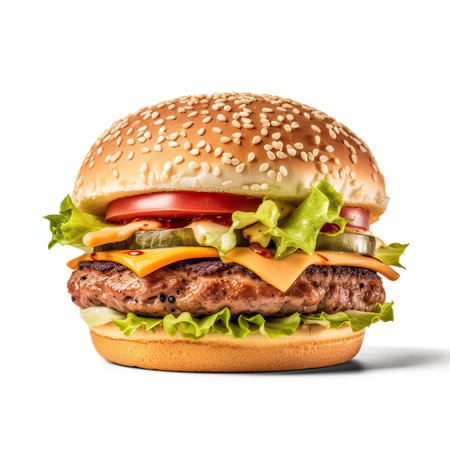 Delicious hamburger served on wooden planks.This cheeseburger shot in a fast food advertising style. Generative AI illustration.の素材