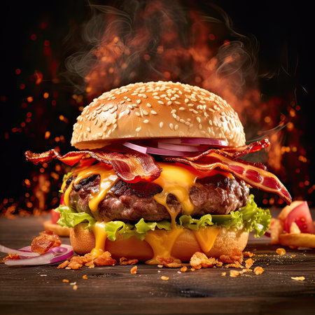 Delicious hamburger served on wooden planks.This cheeseburger shot in a fast food advertising style. Generative AI illustration.の素材
