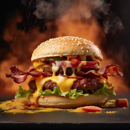 Delicious hamburger served on wooden planks.This cheeseburger shot in a fast food advertising style. Generative AI illustration.の素材
