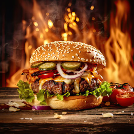 Delicious hamburger served on wooden planks.This cheeseburger shot in a fast food advertising style. Generative AI illustration.の素材