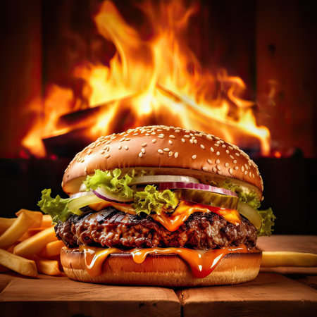 Delicious hamburger served on wooden planks.This cheeseburger shot in a fast food advertising style. Generative AI illustration.の素材