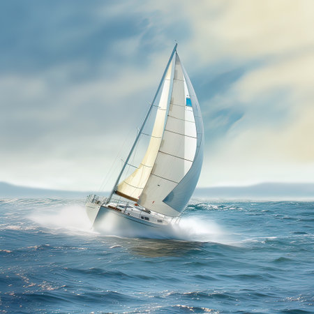 Luxury sailing ship. Yacht sailing in an open sea. Generative AI illustration.の素材