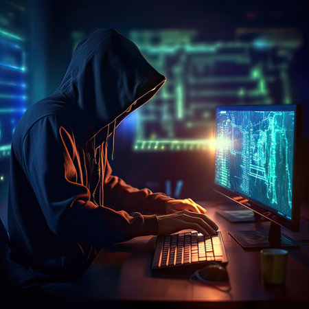 Hacker man use note book computer stealing confidential data, personal information,Computer security and technology. Generative AI illustration.の素材