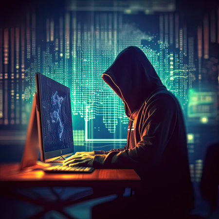 Hacker man use note book computer stealing confidential data, personal information,Computer security and technology. Generative AI illustration.の素材
