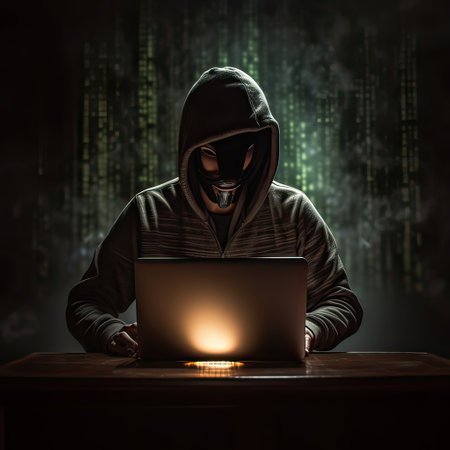 Hacker man use note book computer stealing confidential data, personal information,Computer security and technology. Generative AI illustration.の素材