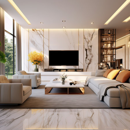 Luxurious and large room.Interiors of a modern living room. Generative AI illustration.の素材