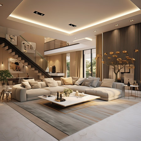 Luxurious and large room.Interiors of a modern living room. Generative AI illustration.の素材