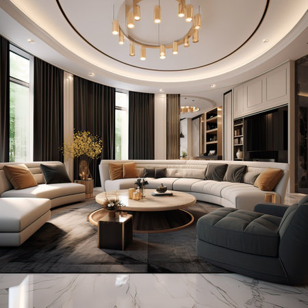 Luxurious and large room.Interiors of a modern living room. Generative AI illustration.の素材