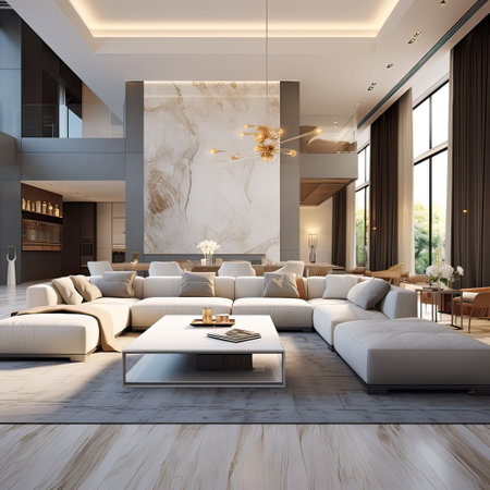 Luxurious and large room.Interiors of a modern living room. Generative AI illustration.の素材