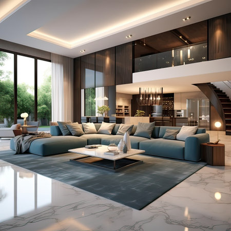 Luxurious and large room.Interiors of a modern living room. Generative AI illustration.の素材