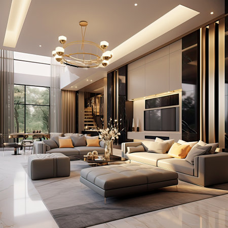 Luxurious and large room.Interiors of a modern living room. Generative AI illustration.の素材