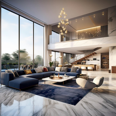 Luxurious and large room.Interiors of a modern living room. Generative AI illustration.の素材