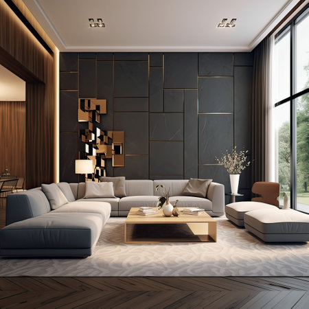 Luxurious and large room.Interiors of a modern living room. Generative AI illustration.の素材