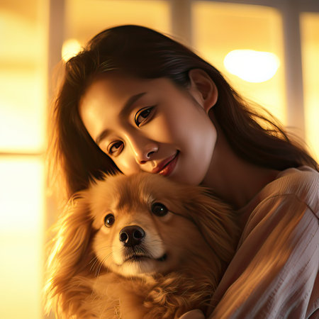 Young woman with her dog.She hug dog and exemplifying the companionship of a pet-friendly lifestyle as the dog. Generative AI illustration.の素材