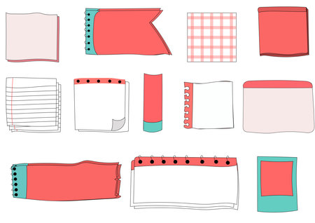 Paper note set.Blank notes with tape and stickers.Notebook collection with curled corners. Adhesive Note,Checked Pattern,Paper,Education. Vecter message and notepaper concept.のイラスト素材