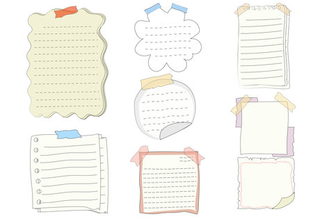 Paper note set.Blank notes with tape and stickers.Notebook collection with curled corners. Adhesive Note,Checked Pattern,Paper,Education. Vecter message and notepaper concept.のイラスト素材
