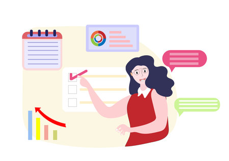 Businesswoman presenting Current State of Affairs Report.woman with white graph board presentation.trainings,reports.Space advertising, promotion. Vector design Business and officeのイラスト素材