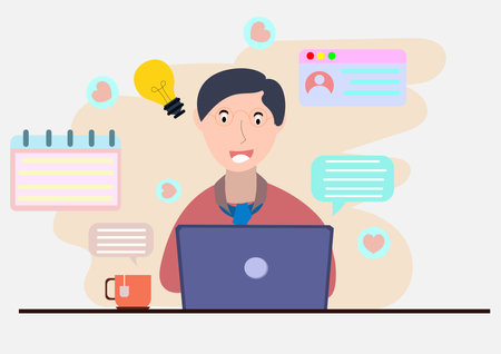 Businessman presenting Current State of Affairs Report.Man with white graph board presentation.trainings,reports.Space advertising, promotion. Vector design Business and office teaのイラスト素材