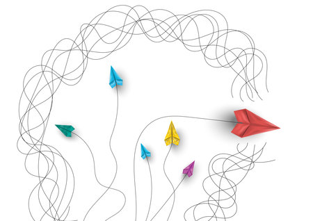 Group of paper airplanes flying.Paper plant in one direction and one red paper plant pointing in different way on background.Unique,out standing.Vector concept inspiration and thinのイラスト素材