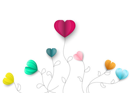 Balloons trees on white background.Heart shaped balloons icon.Valentines day, Paper art style of valentine's day, vector love elements background.のイラスト素材