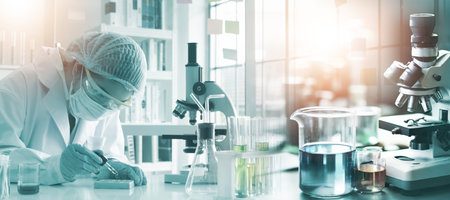 scientist working with microscope and test tube in laboratory, science research and development...
