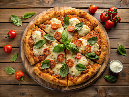 Pizza with mozzarella, tomatoes and basil on wooden backgroundの素材