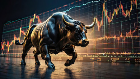 Bull on stock market background. 3d rendering. Computer digital drawing.の素材