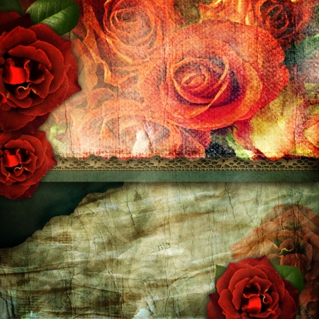 romantic retro grunge background with roses, butterfly, lace の写真素材