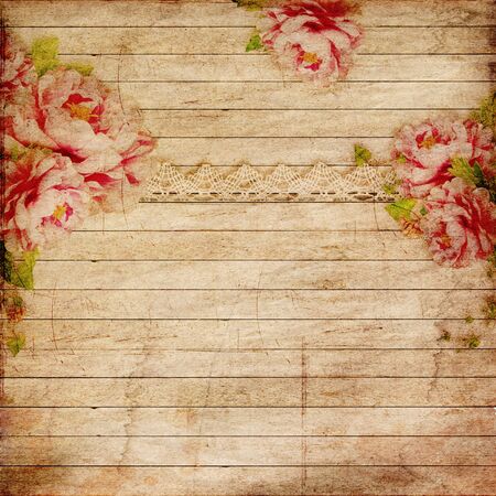 Old vintage wooden background with beautiful pink peonies and lace  can be used as invitation card for wedding, birthday and other holiday and summer backgroundの写真素材