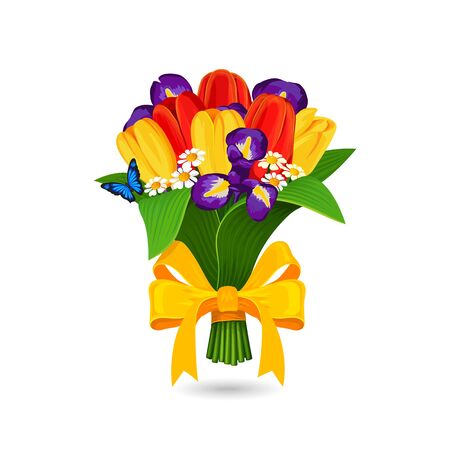 Vector bouquet of red yellow tulip and blue irisesのイラスト素材