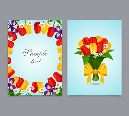 Flowers background, bouquet tulips. Vector template design of flyer, brochureのイラスト素材