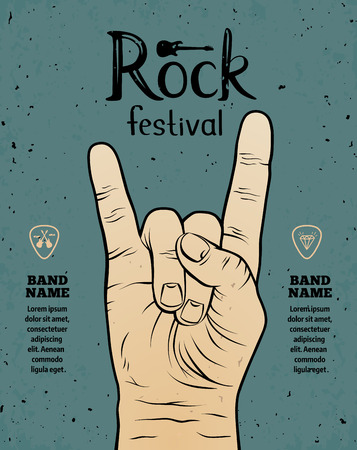 Vintage Rock festival flyer, poster with Rock and Roll hand signのイラスト素材