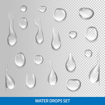 Realistic drops pure, clear water. Isolated vector