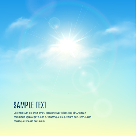 Blue sky with clouds and sun with rays. Vector backgroundのイラスト素材