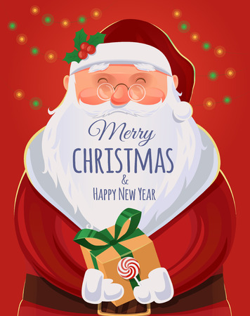 Christmas greeting card, poster. Santa Claus portrait. Funny Santa. Vector illustration. Merry Christmas and Happy New Yearのイラスト素材