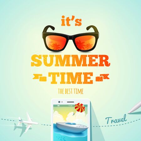 Summer poster. It's Summer Time typographic inscription with summer accessories. Summer travelingのイラスト素材