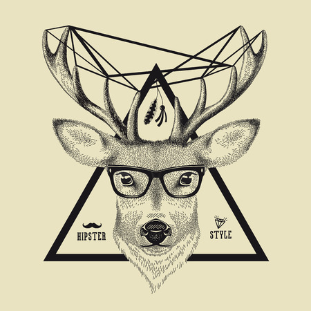 Hand drawn of a deer head in hipster style. Vector illustration of a hipster deer wearing spectaclesのイラスト素材