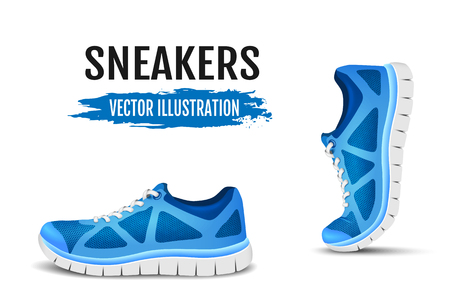 Background of two running shoes. Blue sport shoes for running. Blue curved sport shoes for running. Vector illustrationのイラスト素材