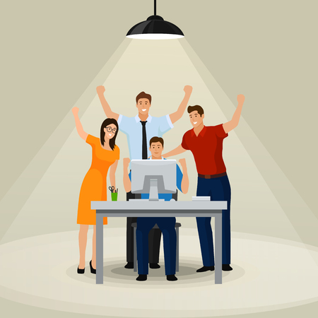 Happy office workers looking at his computer screen. Vector illustration.のイラスト素材