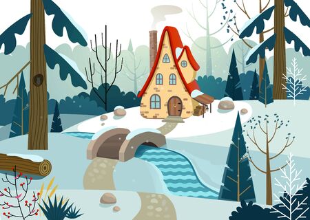 Winter forest with a house and a bridge over the river.のイラスト素材