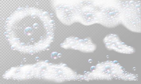 Realistic Soap foam with bubbles. Soap foam frame. Set isolated vector illustrationのイラスト素材