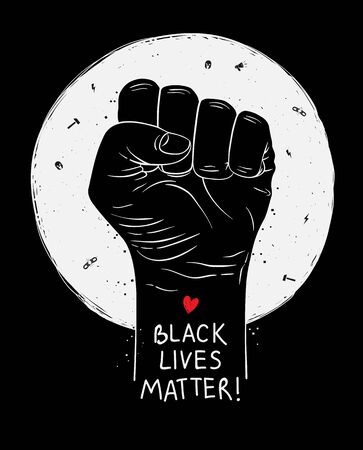 Protest poster with text Black lives matter, BLM and with raised fist. Vector illustrationのイラスト素材