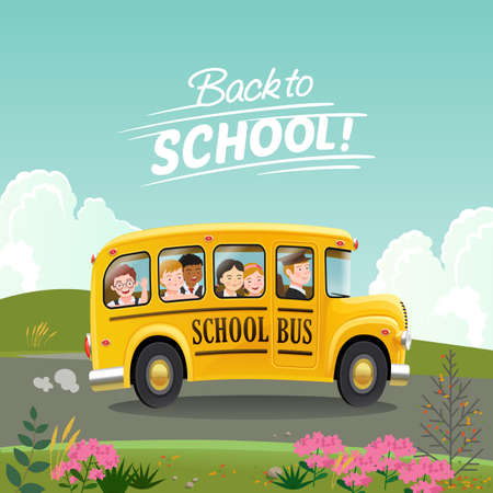 Back to School concept. Cartoon school bus with children going to school.のイラスト素材