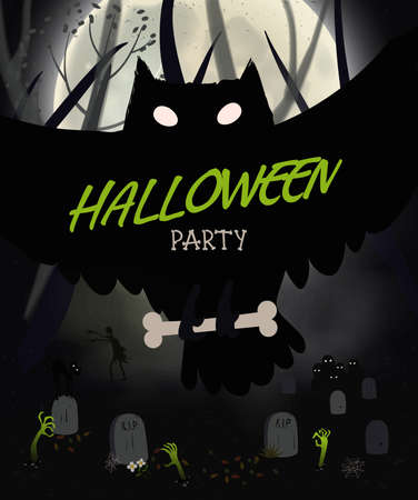 Halloween night poster with black owl, graveyard, bats, big moon. Flyer or invitation template for Halloween party. Vector illustration.のイラスト素材