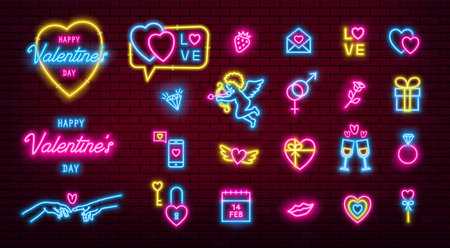 Valentines Day glowing neon icons pack.のイラスト素材