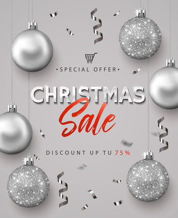 Poster for Christmas Sale. Calligraphic text on the background of silver glitter balls and confetti. Banner or poster for shopping store discountのイラスト素材
